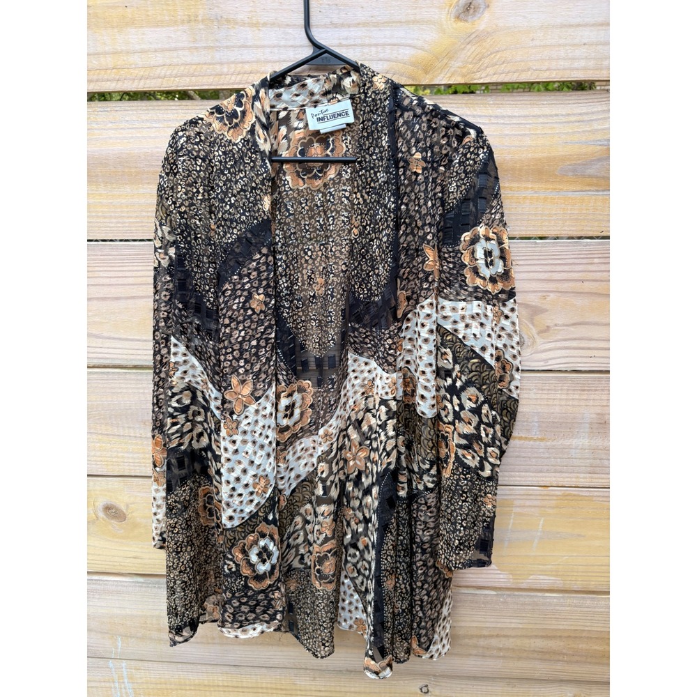 Positive Influence Mixed Animal Floral Sheer Cardigan Metallic Gold Brown 16W